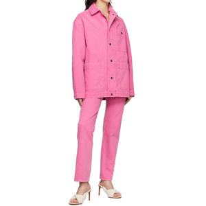 Veste en jean surdimensionnée pour femme avec fermeture à boutons pression, grandes poches à rabat, logo personnalisé, veste en denim rose en coton - Product Image 4