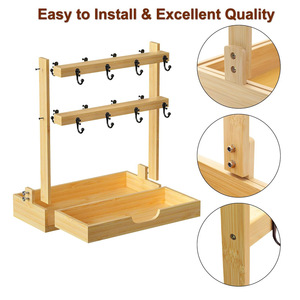 Étagère de rangement en bambou, organiseur de bureau à 3 niveaux avec porte-gobelets et tiroir pour vaisselle de cuisine - Product Image 4