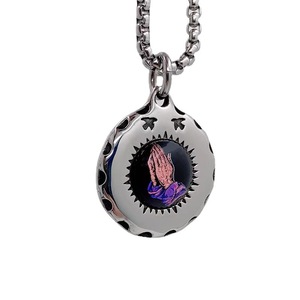 Prayer Hand Pendant Stainless Steel Round Charm Bezel Setting Themed Pendants Gift <b>Necklace</b> 216079 - Product Image 5