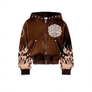 Sweat à capuche personnalisé coupe ample, imprimé flamme marron, épaules tombantes oversize, broderie vieillie, délavage vintage, strass, MOQ 10 - Product Image 1
