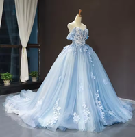NDB10075 Robe de princesse tutu bleu couleur féerique, asymétrique à épaule dénudée, à traîne, élégante pour mariage, dîner et Quinceañeras