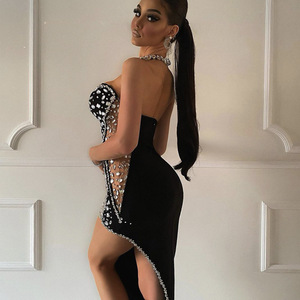 Abito da sera asimmetrico attillato in velluto <span class=keywords><strong>blu</strong></span> royal con strass, senza spalline, alla moda, da donna - Product Image 2