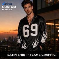 Chemises en satin noires sur mesure pour hommes, coupe oversize, épaules tombantes, col cubain, imprimé flamme, manches longues, boutonnées sur le devant, pour un style streetwear vintage