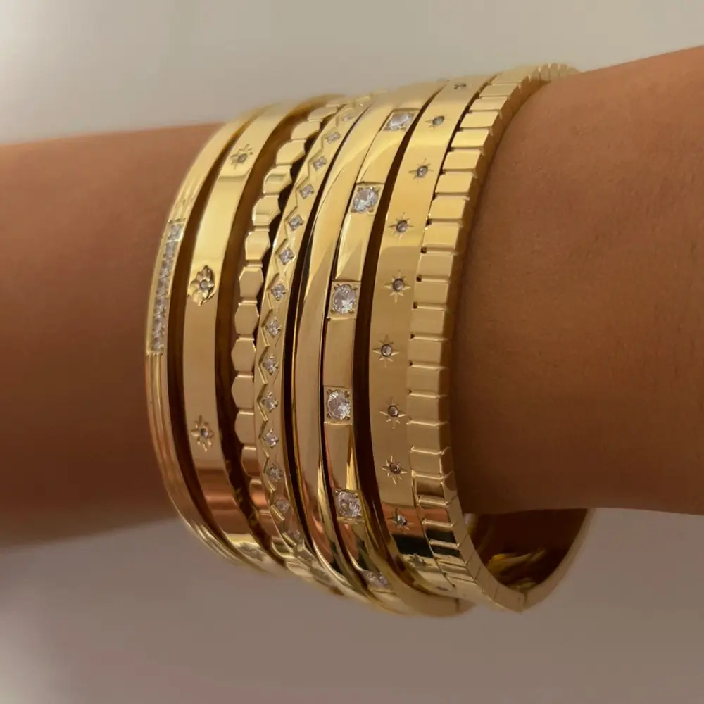 Fine Trending Gold Plated North Star CZ Inlaid Cuff Bangle Jewelry Set Tarnish Free Stainless Steel Bracelets & Bangles Women