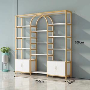 <b>Wall</b> Display Cabinet Design Custom Wood Led Light <b>Shelf</b> Gold Clothing Display Rack for Garment Shop - Product Image 3