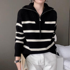 Autumn Winter Women's <strong>Striped</strong> Polo Collar Pullovers Sweater Half Zip Loose Lazy Warm Long Sleeve <strong>Jumper</strong> - Product Image 2