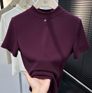 Áo thun nữ cổ tròn màu tím kiểu mới <span class=keywords><strong>2025</strong></span> thu đông dày dặn ấm áp chất liệu Lyocell/Acrylic/Len/Spandex chống nhăn - Product Image 1