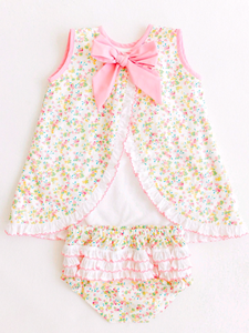 GBO0519 Robe smockée bleue personnalisée avec nœuds pour petite fille, ensemble de culottes sans manches pour bébé fille, vente en gros - Product Image 2