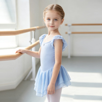 Justaucorps de danse pour filles avec manches à volants et jupe en mousseline double couche, robe en coton respirant pour l'entraînement des enfants