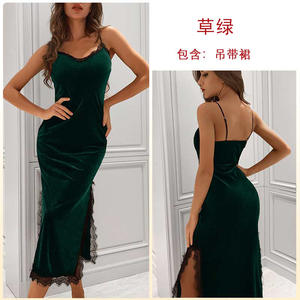 Pyjama sexy en velours à décolleté plongeant pour femmes, robe de nuit <span class=keywords><strong>longue</strong></span> à bretelles, dentelle, tentation, <span class=keywords><strong>dos</strong></span> <span class=keywords><strong>nu</strong></span>, robe de nuit pour fille, automne et hiver - Product Image 2