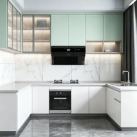 Meubles de cuisine modulaires en L, finition laquée mate bicolore, vitrine murale en verre, fermeture amortie, fabrication OEM/ODM