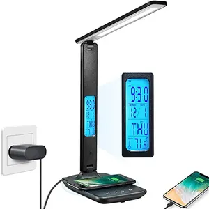 LED Desk Lamp With Wireless Charger Alarm Date Temperature Foldable LCD Clock Display Reading Table Lamp