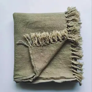 Muslin Cotton And Linen Rainette Green Blanket With Tassels
