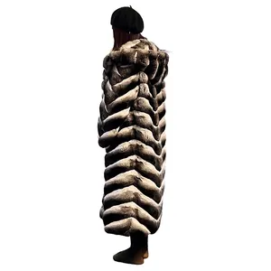 Длинное женское пальто из натурального меха шиншиллы с большим капюшоном, длинная куртка большого размера из меха шиншиллы