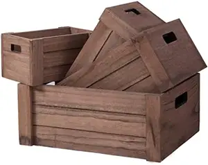 装饰木制板条箱4个矩形收纳箱，嵌套带把手的收纳箱