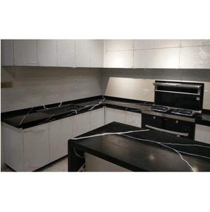 Modern <b>Polished</b> <b>Black</b> Quartz Slab with Elegant Marble Looking Veining for Luxury Home Renovation - Product Image 1
