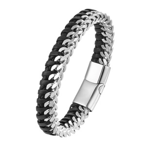 Stylish Genuine <b>Leather</b> <b>Bracelet</b> With 18K PVD Gold Plated 316L Stainless Steel Franco Chain & Magnetic Clasp for Men - Product Image 5