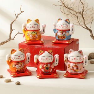 Chat porte-bonheur en céramique de 5 pouces, chat beckoning solaire, <span class=keywords><strong>Maneki</strong></span> <span class=keywords><strong>Neko</strong></span>, figurine Feng Shui pour attirer la richesse - Product Image 6