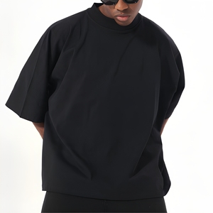 Slim Fit Heavyweight Cotton/<b>Bamboo</b> Fiber Men T-Shirt Mock Neck Short Sleeve Knitted Eco-Friendly Solid Silk <b>Screen</b> Custom Casual - Product Image 3