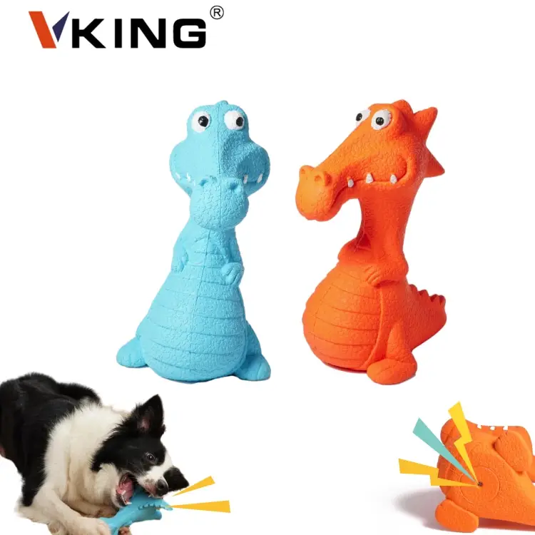 Vking Non-Toxic Handmade Painting Soft Durable Interactive Dinosaur Shaped Toy Dog Natural Rubber Chew squeaky Pet Toy