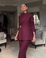 Ensemble professionnel élégant pour femme : veste à col montant et pantalon large de couleur unie – Collection automne