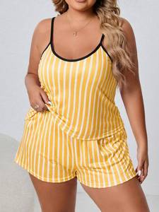 C332 Pigiama a Righe per Donne Formose, <span class=keywords><strong>Abbigliamento</strong></span> Casual da Casa, Set 2 Pezzi con Canotta e Pantaloncini - Product Image 3