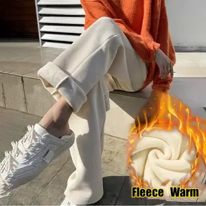 Women Corduroy Thicken Long Pants Drawstring Fleece Lining Autumn Winter Lady Wide Leg Warm Trousers