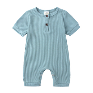 Combinaison décontractée unie en coton tricoté à motif côtelé pour bébé, unisexe, pour l'été, vente en gros - Product Image 3