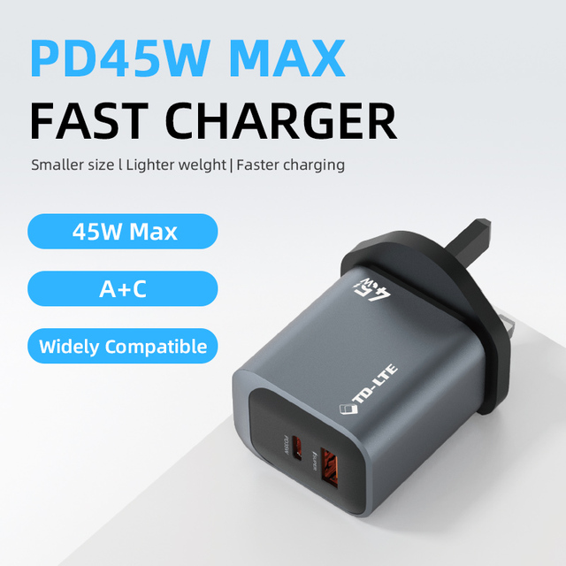 45W Dual-port A+C PD 3.0 Fast Charging 2-in-1 Wall Charger with OTP Protection for Mobile Phone Computer EU/UK/IN/TH USB Type-C