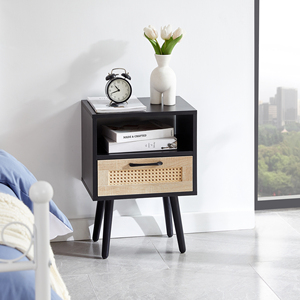 Rattan End <b>Table</b> With Drawer Solid Wood Legs Modern Nightstand <b>Side</b> <b>Table</b> For Living Room Bedroom <b>Black</b> - Product Image 1