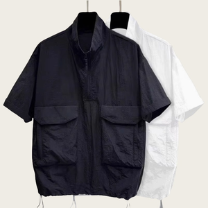 T-shirt décontracté pour <span class=keywords><strong>homme</strong></span>, manches courtes, col montant, tricoté, imprimé, séchage rapide, respirant, multi-poches, coupe oversize, style workwear, été - Product Image 1