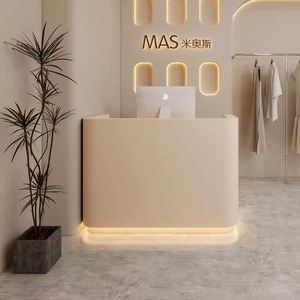 Factory Custom Modern Oval Wood Reception Desk with LED Logo <b>Light</b> for Beauty Salon Hair Salon & Barbershop - Product Image 2