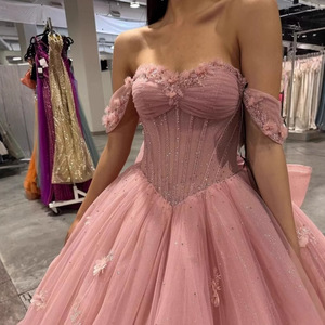 S0882L 2026 Nuovo Abito <span class=keywords><strong>da</strong></span> Cerimonia Rosa con Spalla Scoperta, Tulle a Palloncino, Elegante <span class=keywords><strong>Vestito</strong></span> <span class=keywords><strong>da</strong></span> Sera con Fiori in Pizzo - Product Image 3