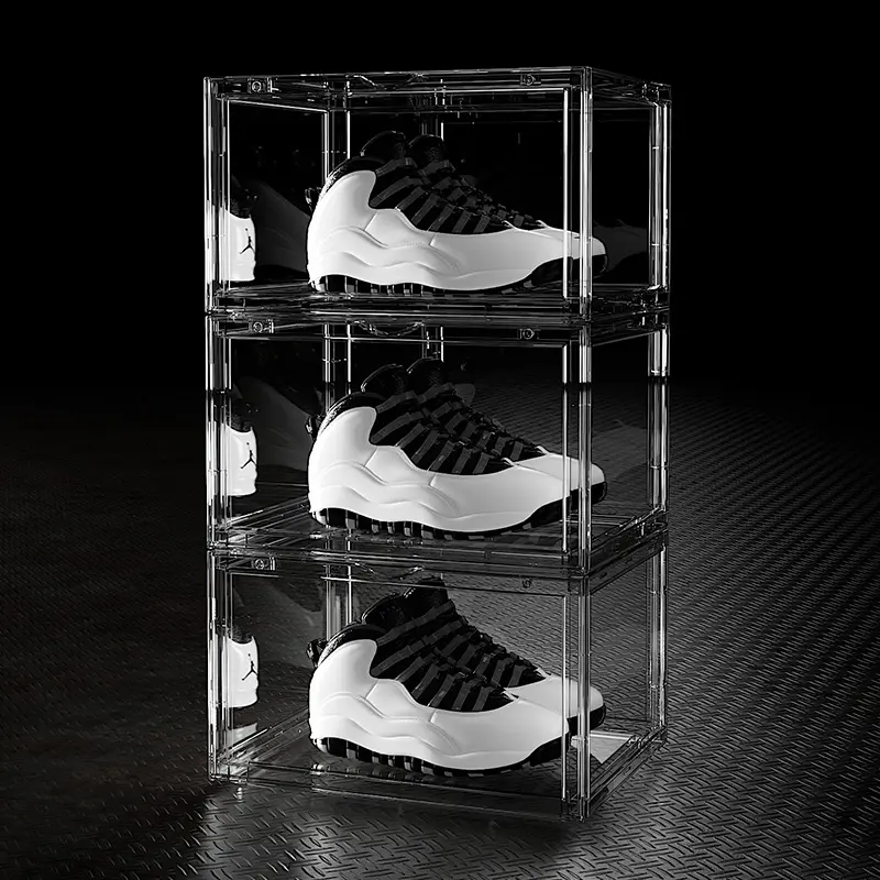 Vitrin rafı temizle sneaker sandık yan manyetik kapı depolama spor ayakkabı kutusu siyah nike şeffaf istiflenebilir ayakkabı kutusu özel