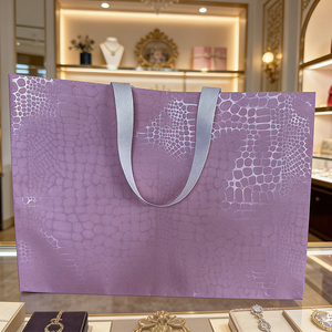 Sac de courses personnalisé avec logo, en <span class=keywords><strong>film</strong></span> perlé gaufré effet croco, en CPP, à fond carré, durable, laminé, avec poignées en ruban, pour supermarché - Product Image 3