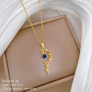 قلادة رومانسية جديدة على شكل قمر ونجمة زرقاء قلادة أنيقة من الماس بتصميم مجوف قلادة فاخرة من التيتانيوم الصلب - Product Image 6