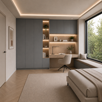 Armoires de bureau avec rangements hauts bleu-gris, bureau en chêne clair et étagères éclairées