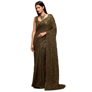 Superbe sari de soirée en georgette vert olive à paillettes non cousu 1000g - Product Image 1