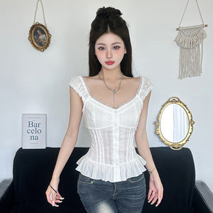 Chemisier en dentelle style féminin français, col en V, texture texturée, coupe ajustée, sans manches, haut d'été pour femme - Product Image 1