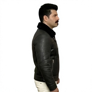 Black Leather Jacket With Black Fur Collar Winter Shearling B3 <b>Coat</b> Genuine Sheepskin Warm Fleece <b>Lined</b> Biker Jacket - Product Image 6