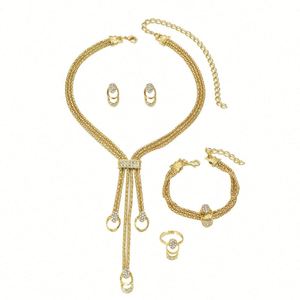 Korean Style Gold Plated Alloy Link Chain <b>Necklace</b> Earrings Versatile Finger <b>Ring</b> Set Trendy Fresh Crystal Niche Design - Product Image 6
