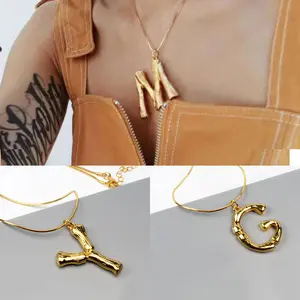 Trendy18k Gold Plated Initial Jewelry Letter Pendant Necklace Bamboo Alphabet Necklace For Women