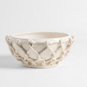 Bol en céramique blanc élégant avec motif en corde, plat de service décoratif bohème, centre de table fait main pour la maison, la cuisine et le salon - Product Image 1