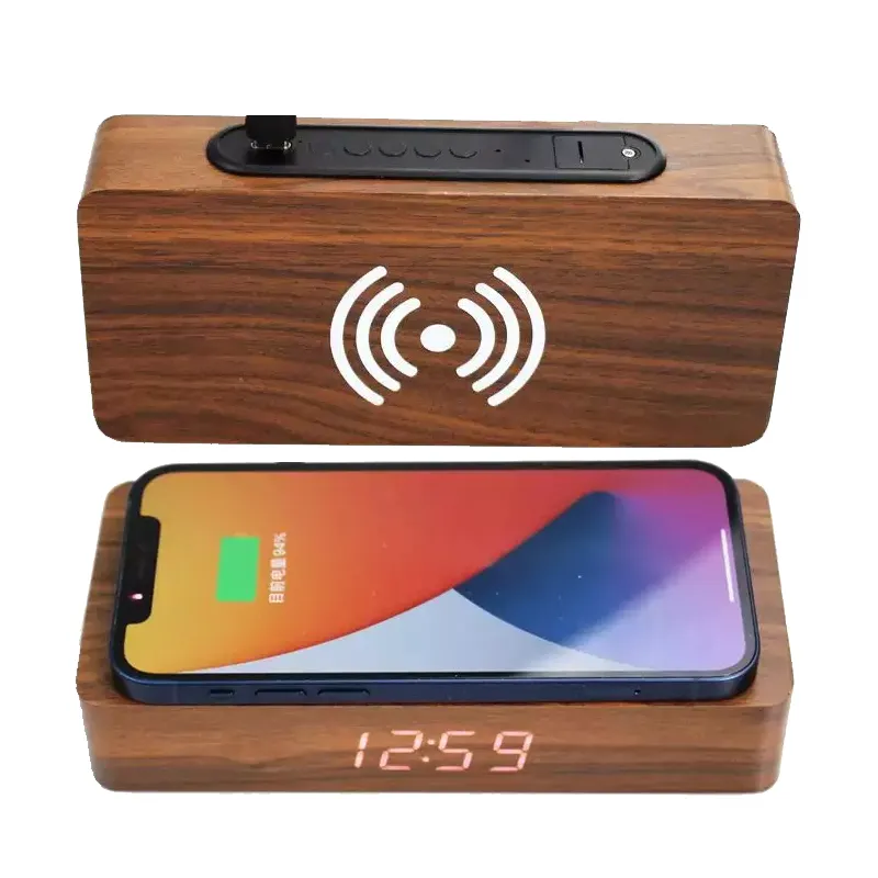 Custom Logo Amazon Hot Selling Wooden Alarm Clock Wireless Charger QI 5W Temperature Display Mobile Phone Wireless Charger