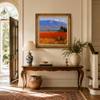 Pintura al Óleo Original Vintage Impresionista de Paisaje, Montaña Azul y Campo Rojo, con Marco de Madera, Arte de Pared para Hotel, Villa, Sala de Estar