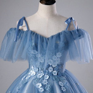 Blue Off The Shoulder Evening Gown With Floral Print Empire Waist Long Tulle Dress For Banquets And Performances - Product Image 3