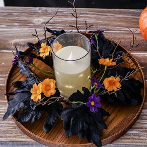 Ghirlanda per Candele di Halloween a Prezzo di Fabbrica con Foglie d'Acero Nere, Fiori Arancioni <span class=keywords><strong>e</strong></span> <span class=keywords><strong>Viola</strong></span> <span class=keywords><strong>e</strong></span> Rami per Centrotavola Spaventoso - Product Image 1