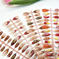 Lot de 30 faux ongles à presser en ABS plaqué or, effet dégradé 3D, pour doigts, rouge sophistiqué, forme amande, faits à la main
