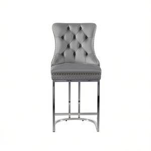 Tabouret de bar moderne style ferme en velours gris, hauteur de comptoir 26 pouces, dossier boutonné, base chromée, chaise d'îlot de cuisine - Product Image 1