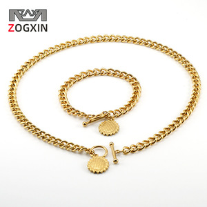 Zogxin Cuban Chain Necklace And Bracelet Set 18K Gold Plated Stainless Steel Hip Hop Jewelry For Men Women - Product Image 1